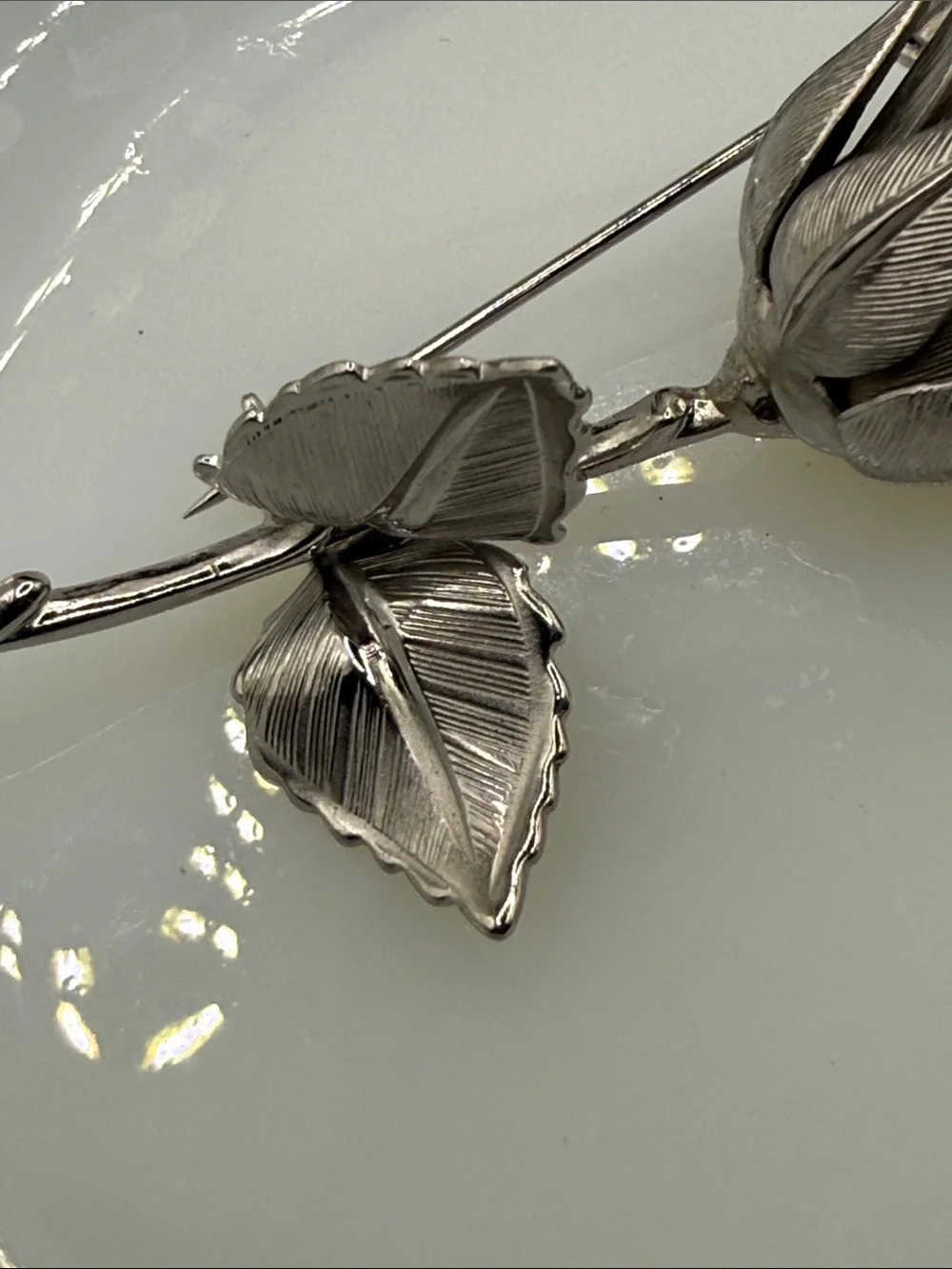 Vintage Giovanni stamped long stem rose Brooch - Silver tone Floral Pin